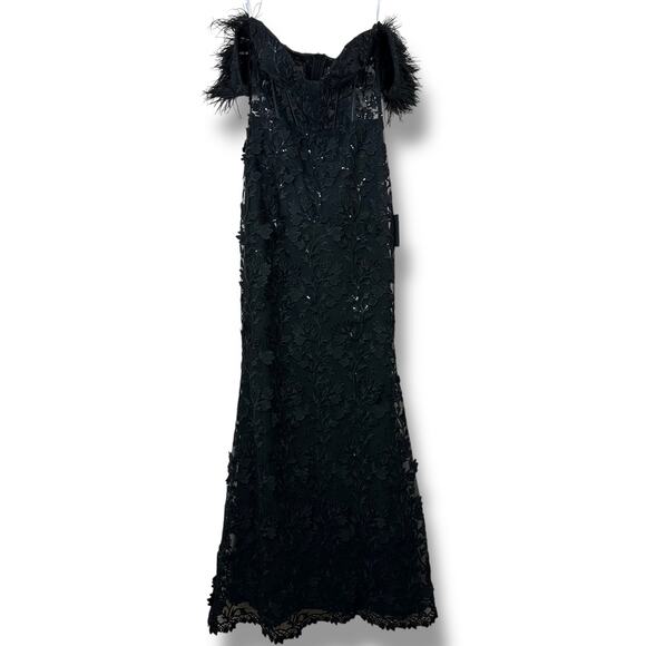 Lulus NWT Midnight Sparkle Black Embroidered Feather Bustier Maxi Dress XS - Picture 2 of 13